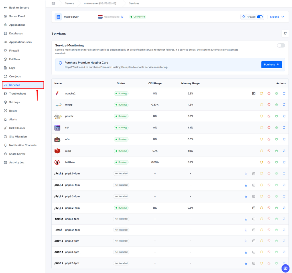 Services section in ServerAvatar