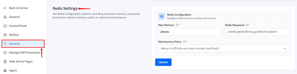 Redis Settings section in ServerAvatar