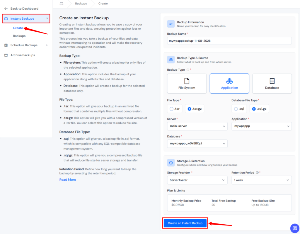 create instant backup - Website Backup