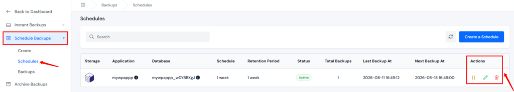 actions for backup - Website Backup