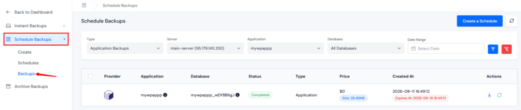 list all scheduled backups - Website Backup