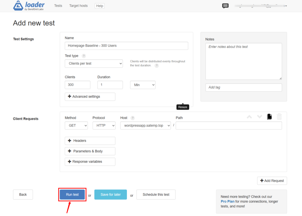 run test - Website Load Testing