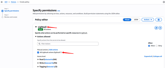 allow actions - Amazon Lightsail Server