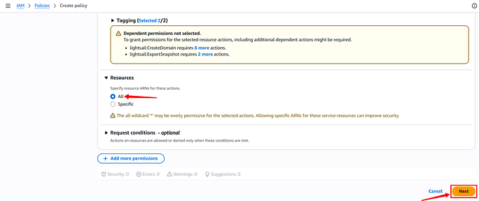 allow resources - Amazon Lightsail Server