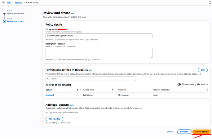 policy name - Amazon Lightsail Server