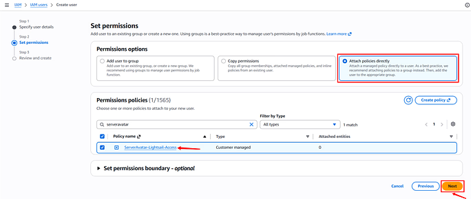 attach policy - Amazon Lightsail Server