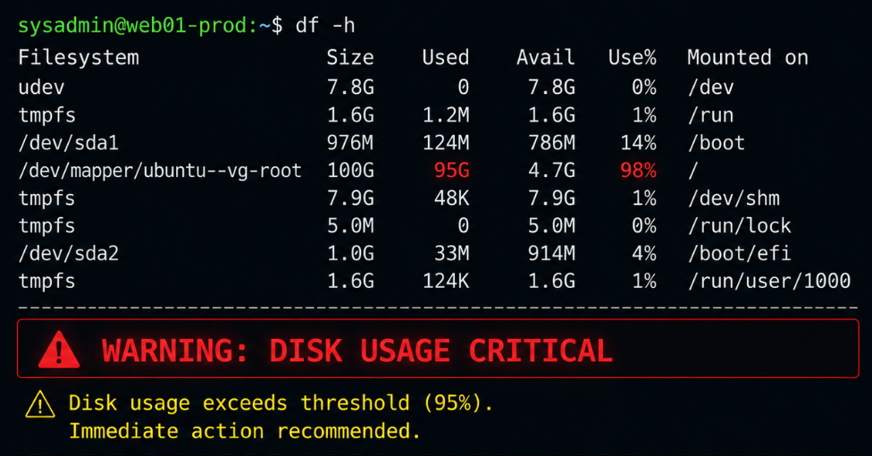 disk usage warning - find large files and directories in Linux