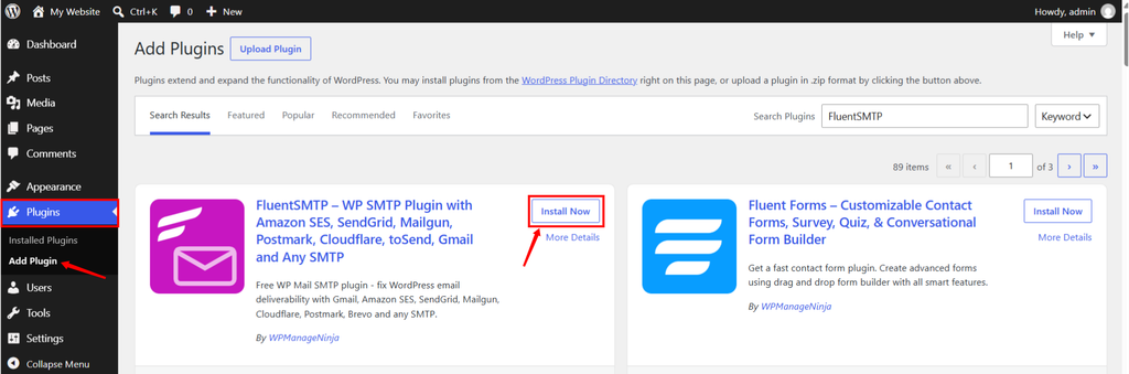 install FluentSMTP plugin - WordPress Gmail SMTP