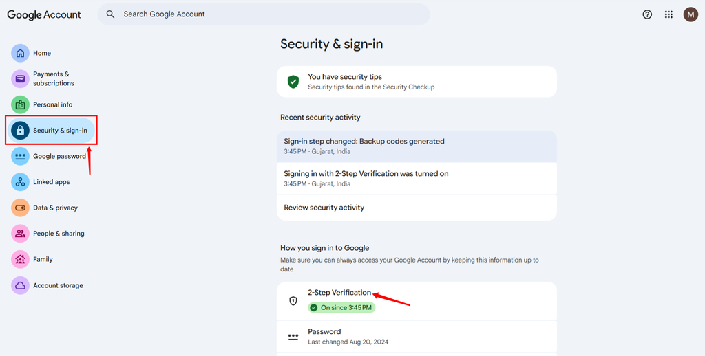 security & sign-in - WordPress Gmail SMTP
