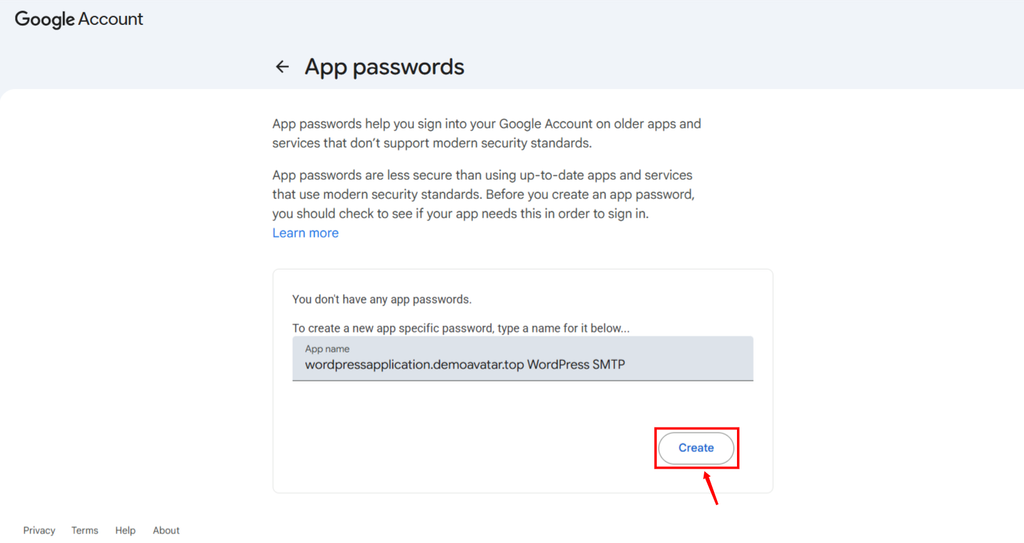 create app password - WordPress Gmail SMTP